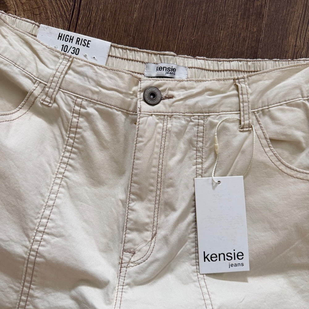 Kensie Jeans Cargo Pants Cream High Rise Wide Leg D Ring Hem Straps Women 10/30 - Picture 2 of 12